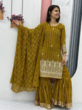 Alluring Olive Green Sequins Georgette Mehendi Wear Sharara Suit - Zeel Clothing