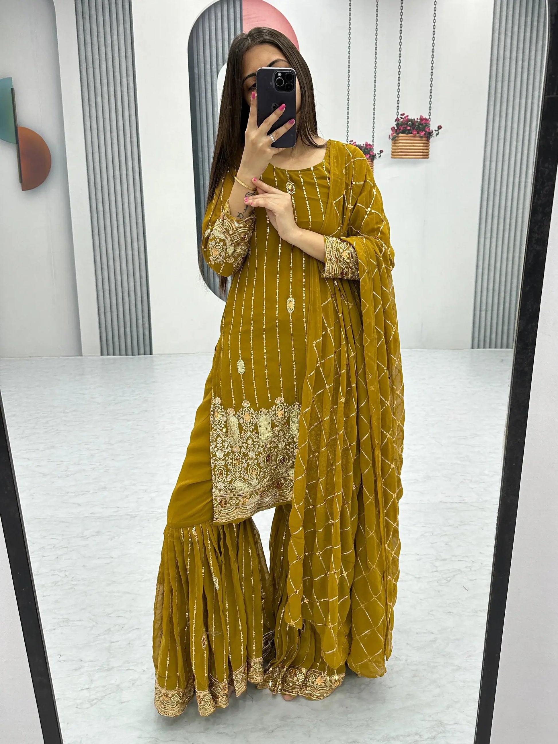 Alluring Olive Green Sequins Georgette Mehendi Wear Sharara Suit - Zeel Clothing