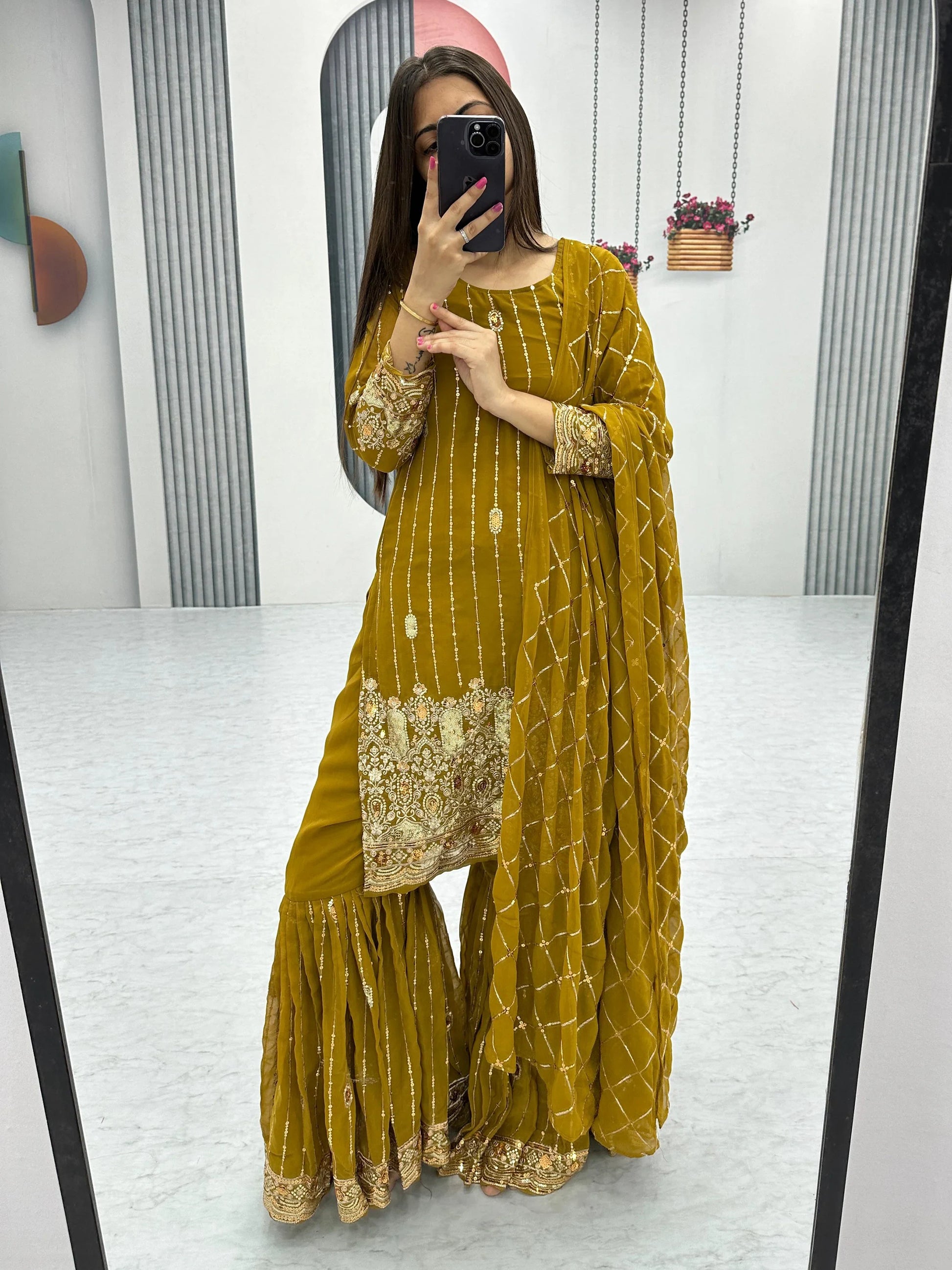 Alluring Olive Green Sequins Georgette Mehendi Wear Sharara Suit - Zeel Clothing