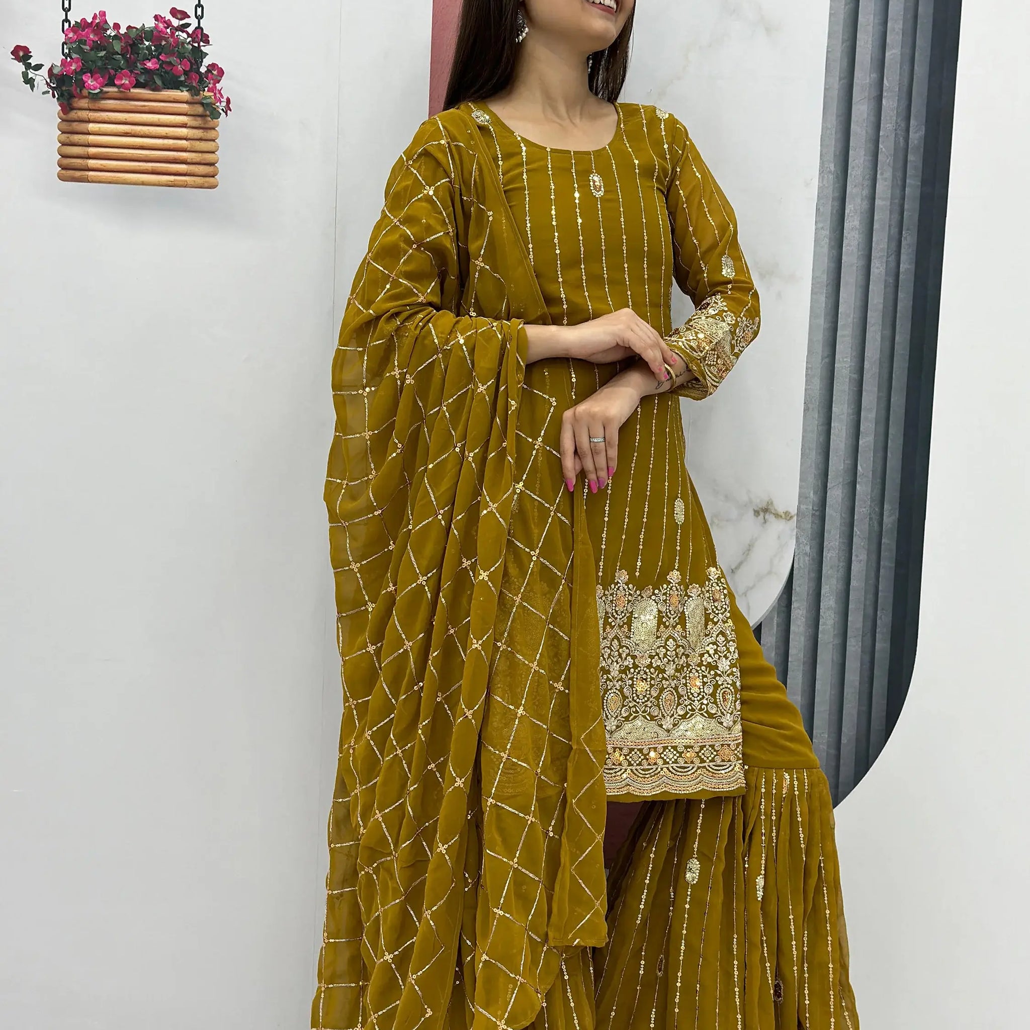 Alluring Olive Green Sequins Georgette Mehendi Wear Sharara Suit - Zeel Clothing