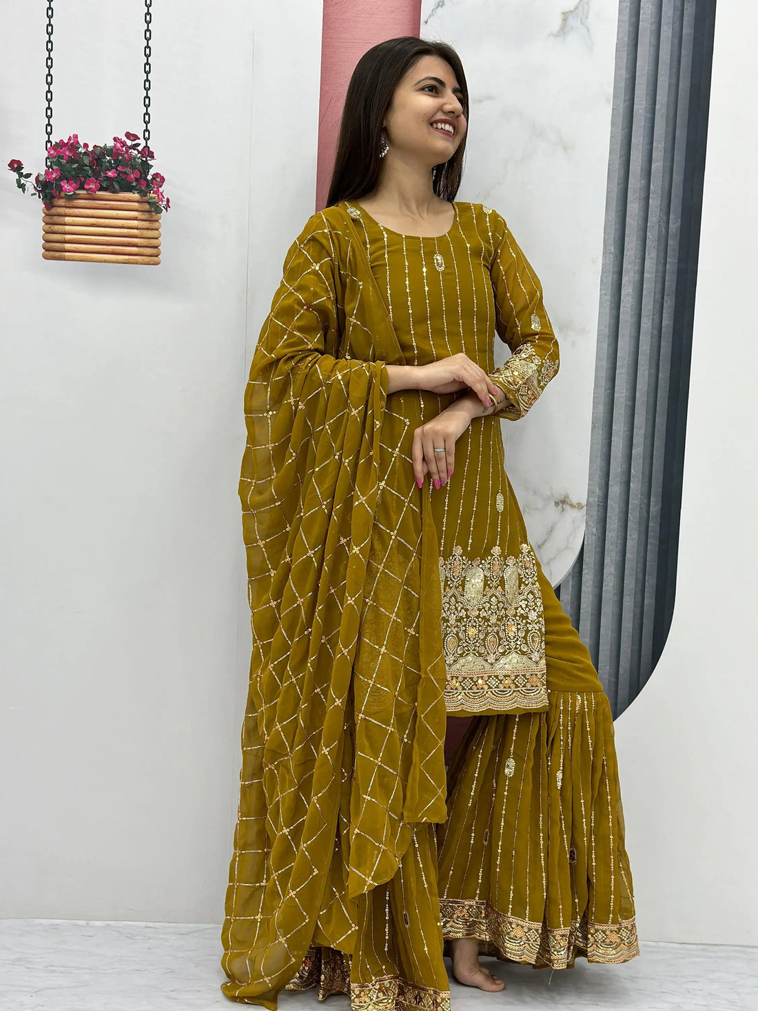 Alluring Olive Green Sequins Georgette Mehendi Wear Sharara Suit - Zeel Clothing