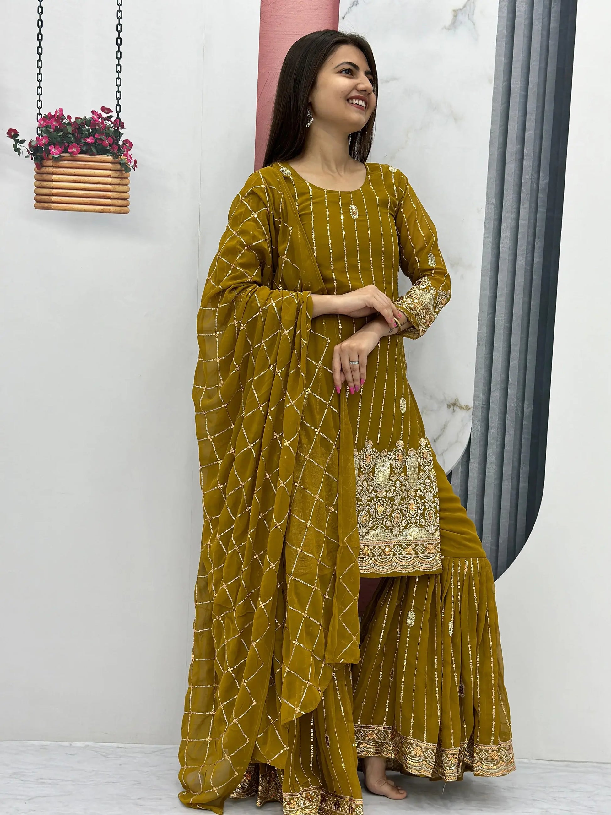 Alluring Olive Green Sequins Georgette Mehendi Wear Sharara Suit - Zeel Clothing
