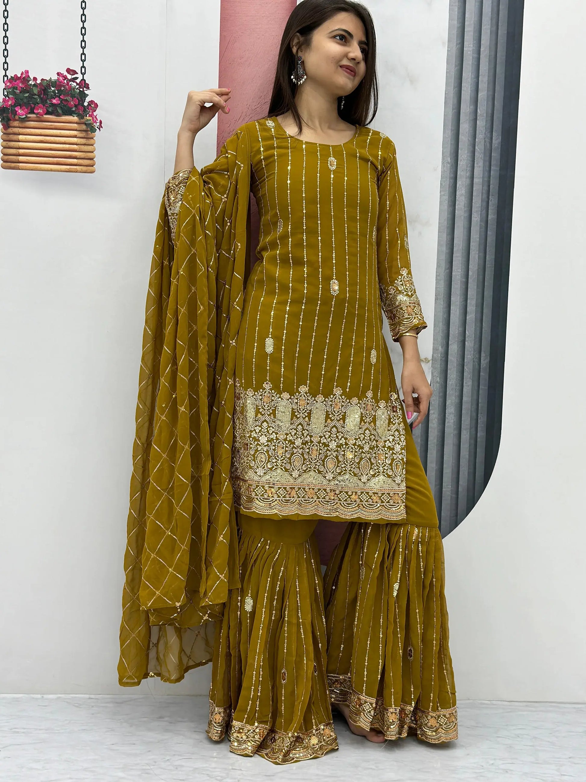 Alluring Olive Green Sequins Georgette Mehendi Wear Sharara Suit - Zeel Clothing