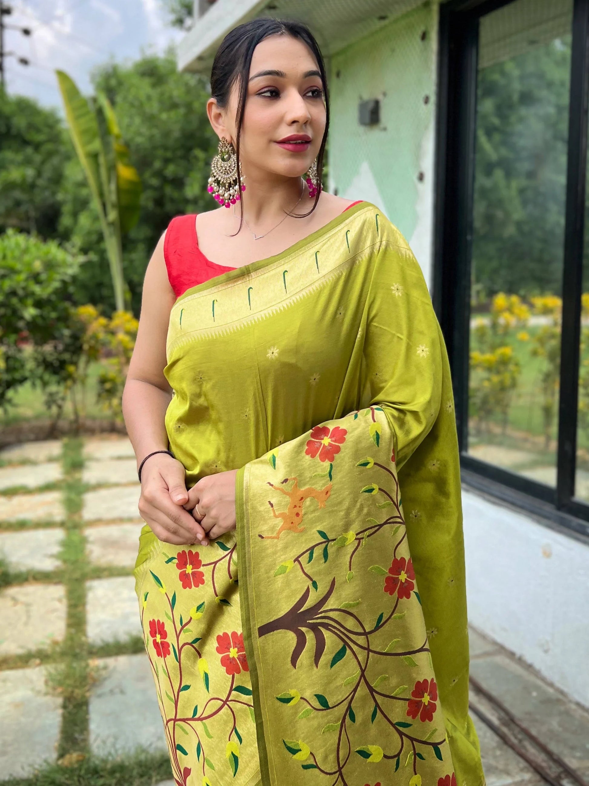 Alluring Olive Green Woven Paithani Silk Event Wear Saree With Blouse - Zeel Clothing