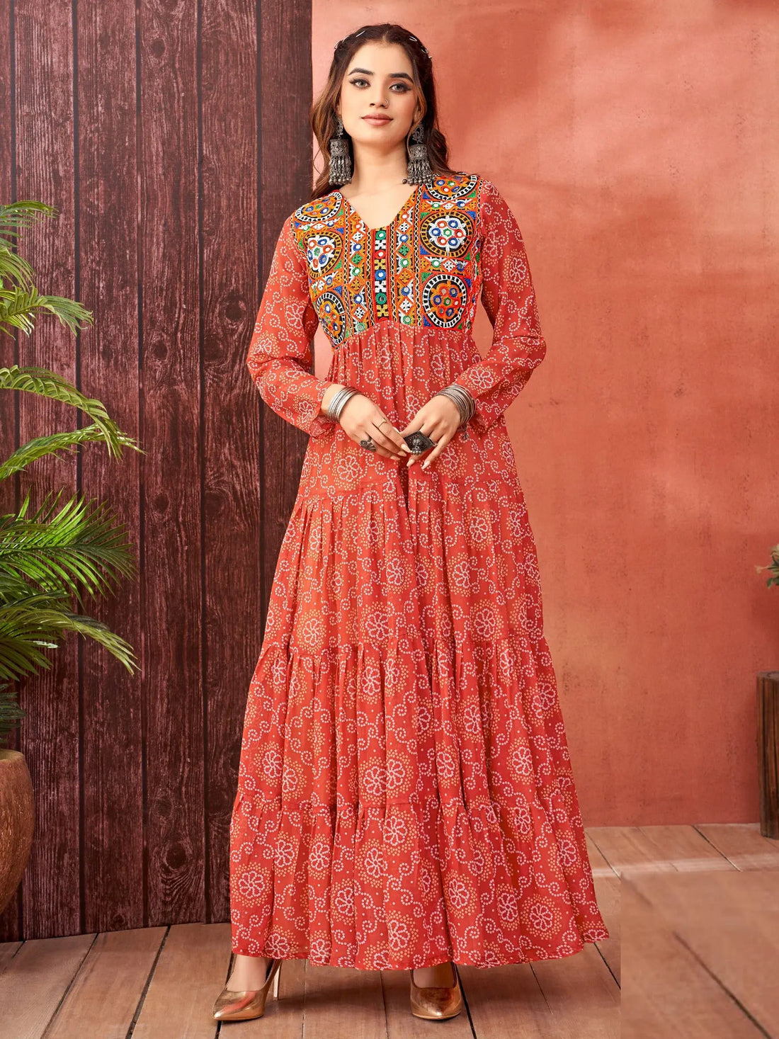 Alluring Orange Bandhani Print Georgette Navratri Wear Gown - Zeel Clothing