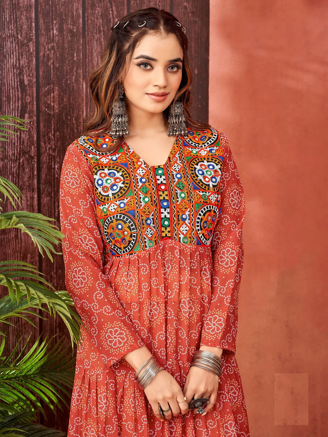 Alluring Orange Bandhani Print Georgette Navratri Wear Gown - Zeel Clothing