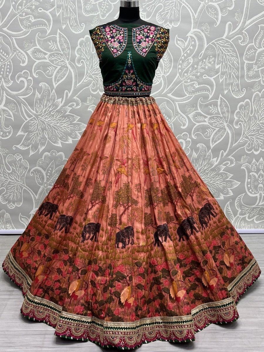 Alluring Orange Digital Print Silk Wedding Wear Lehenga Choli