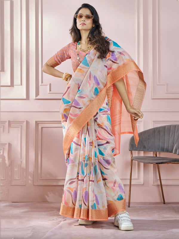 Alluring Orange Digital Printed Silk Event Wear Saree With Blouse - Zeel Clothing