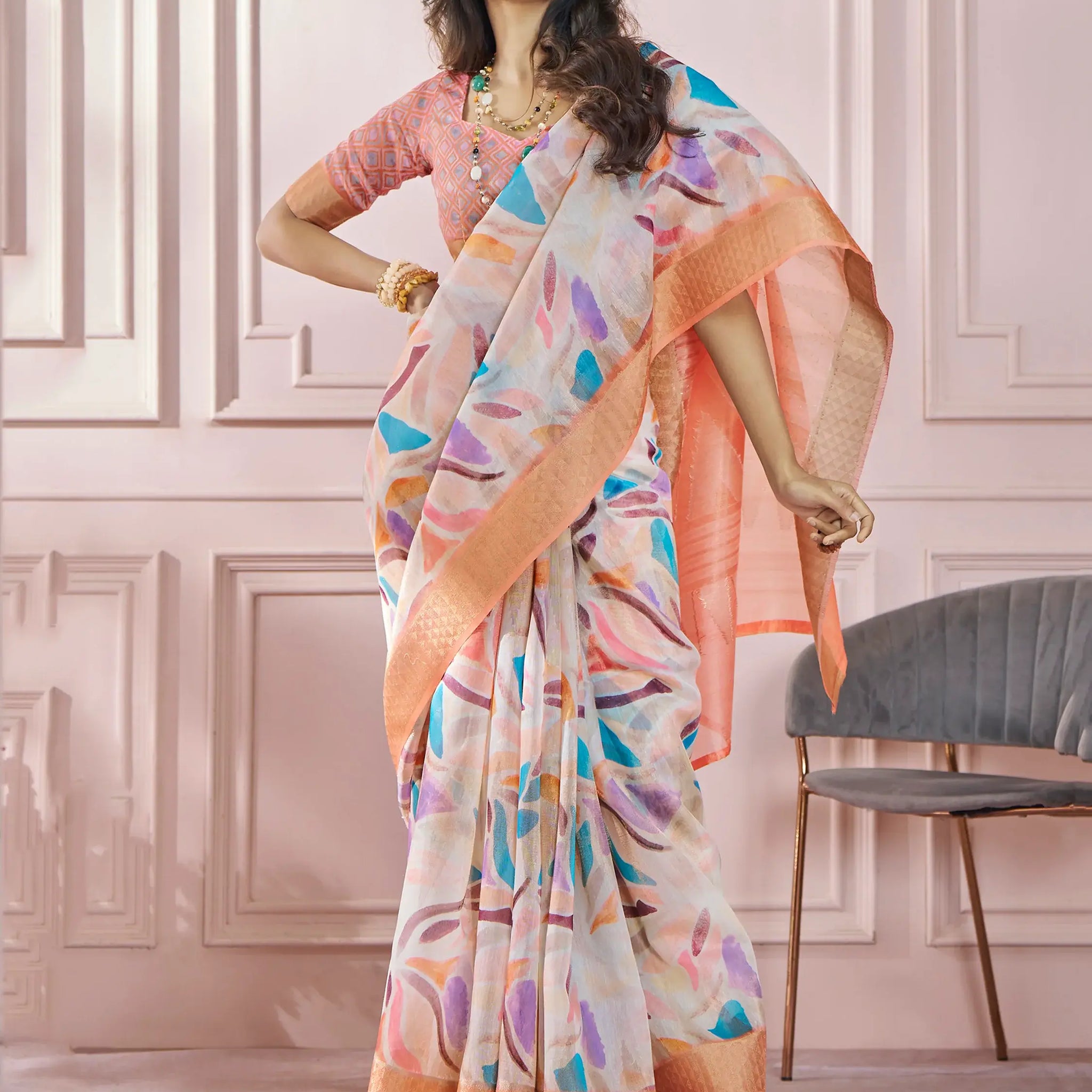 Alluring Orange Digital Printed Silk Event Wear Saree With Blouse - Zeel Clothing