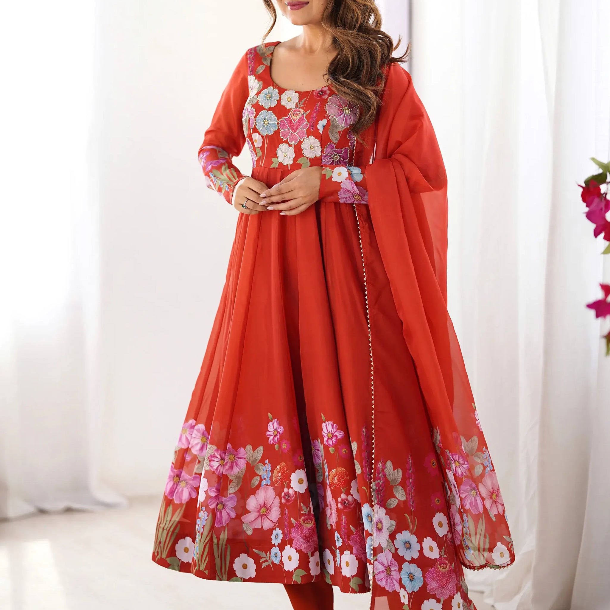 Alluring Orange Floral Printed Organza Event Wear Anarkali Suit - Zeel Clothing