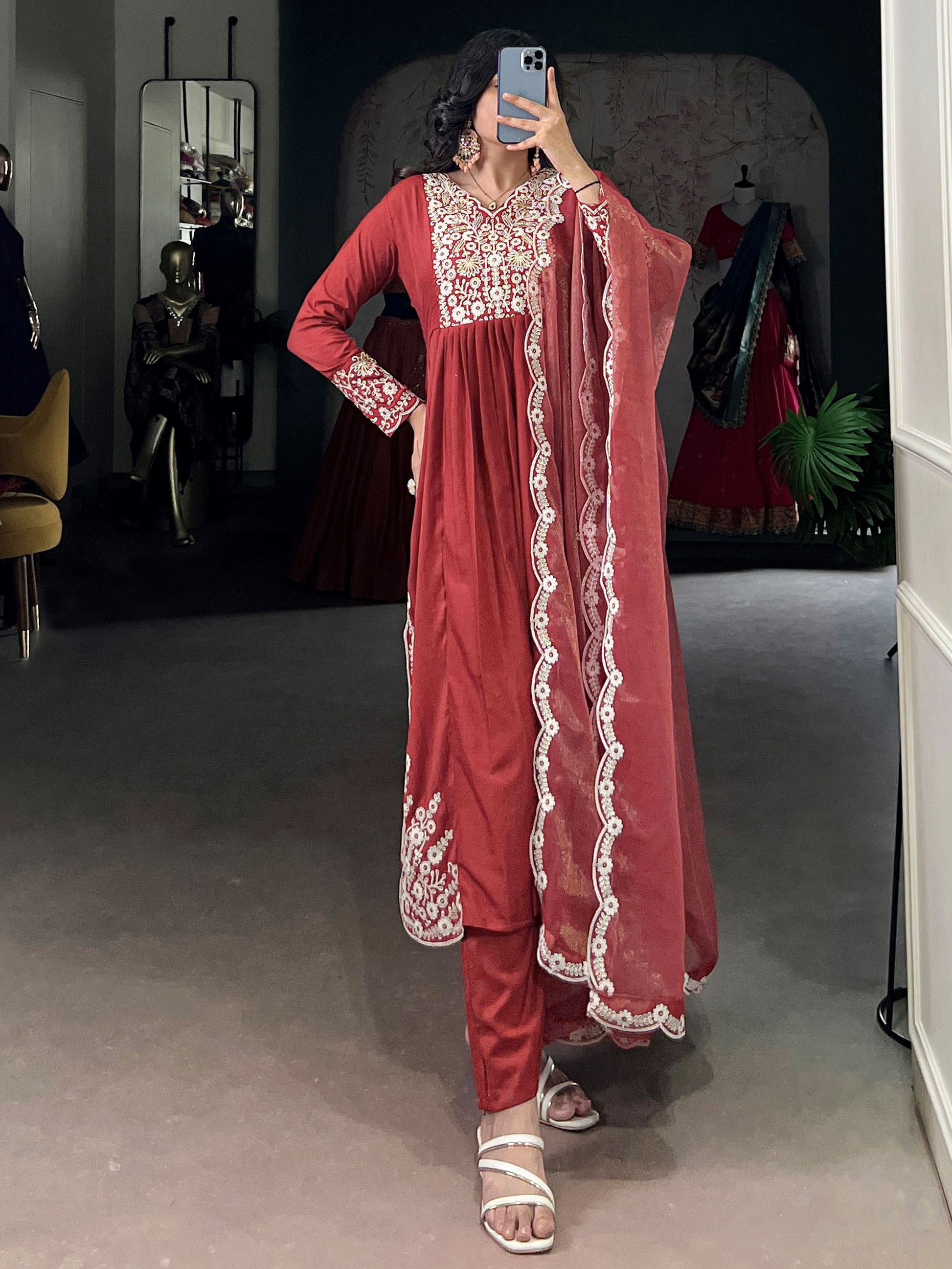 Alluring Orange Sequins Work Cotton Festive Wear Pant Suit With Dupatta