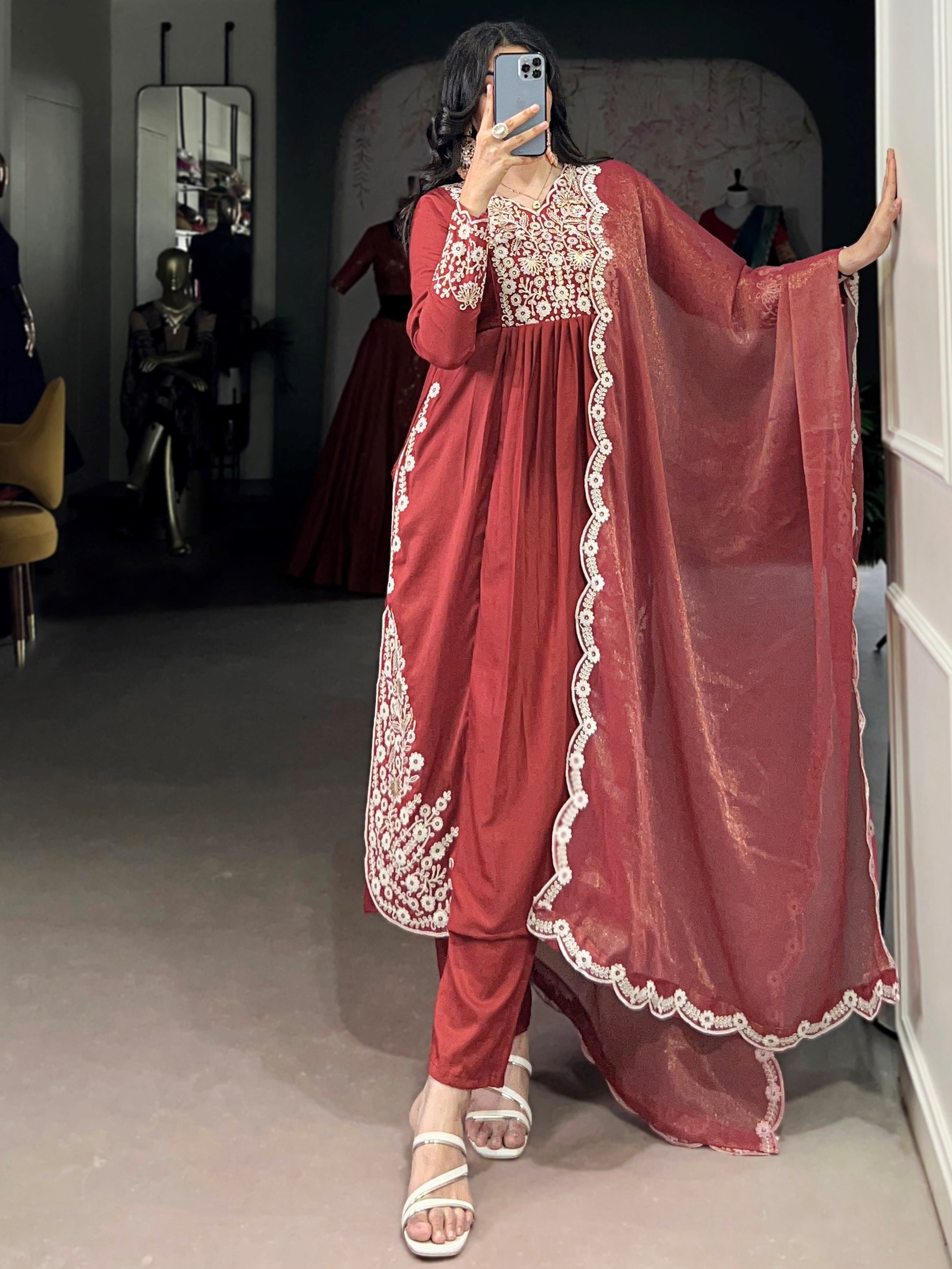 Alluring Orange Sequins Work Cotton Festive Wear Pant Suit With Dupatta