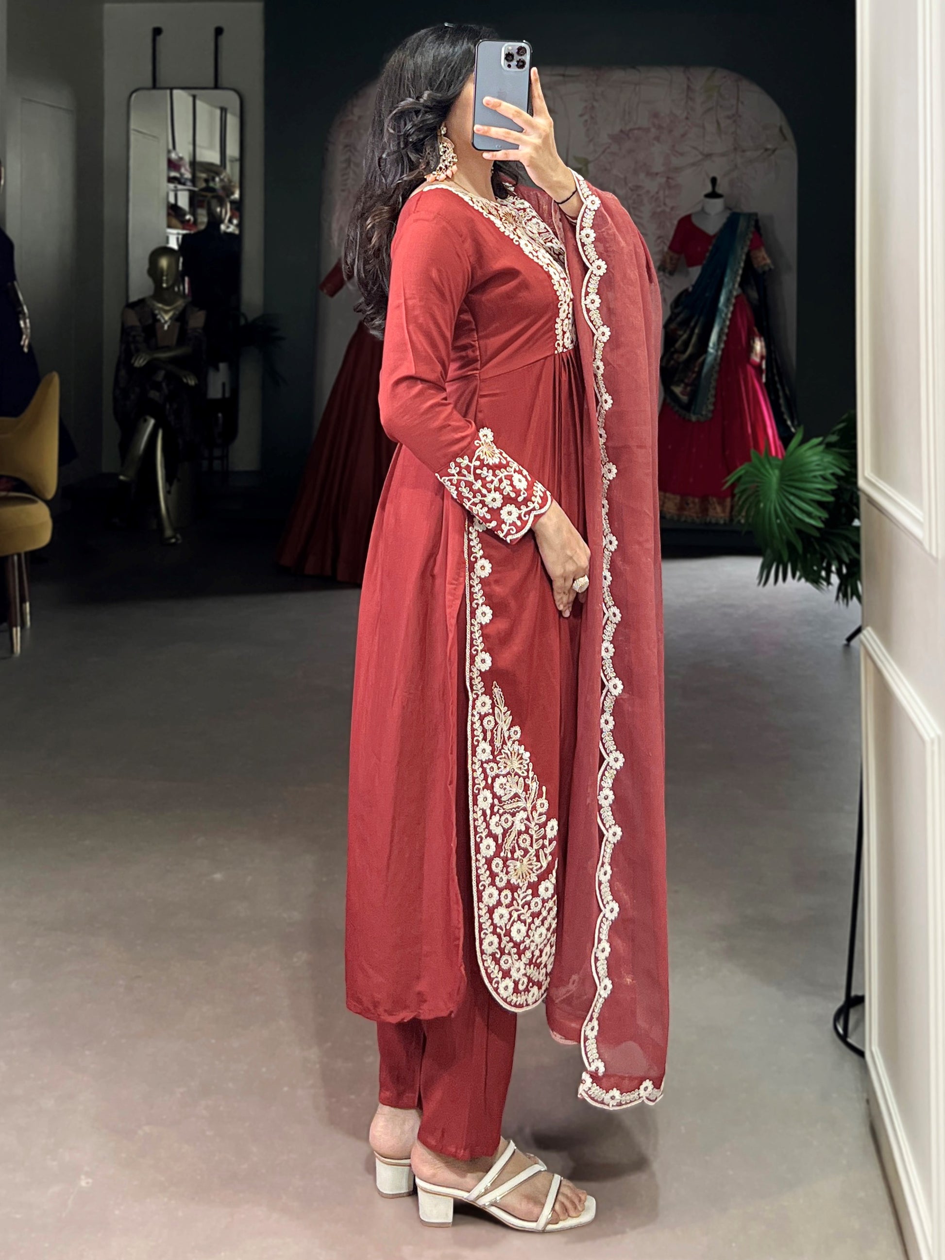 Alluring Orange Sequins Work Cotton Festive Wear Pant Suit With Dupatta