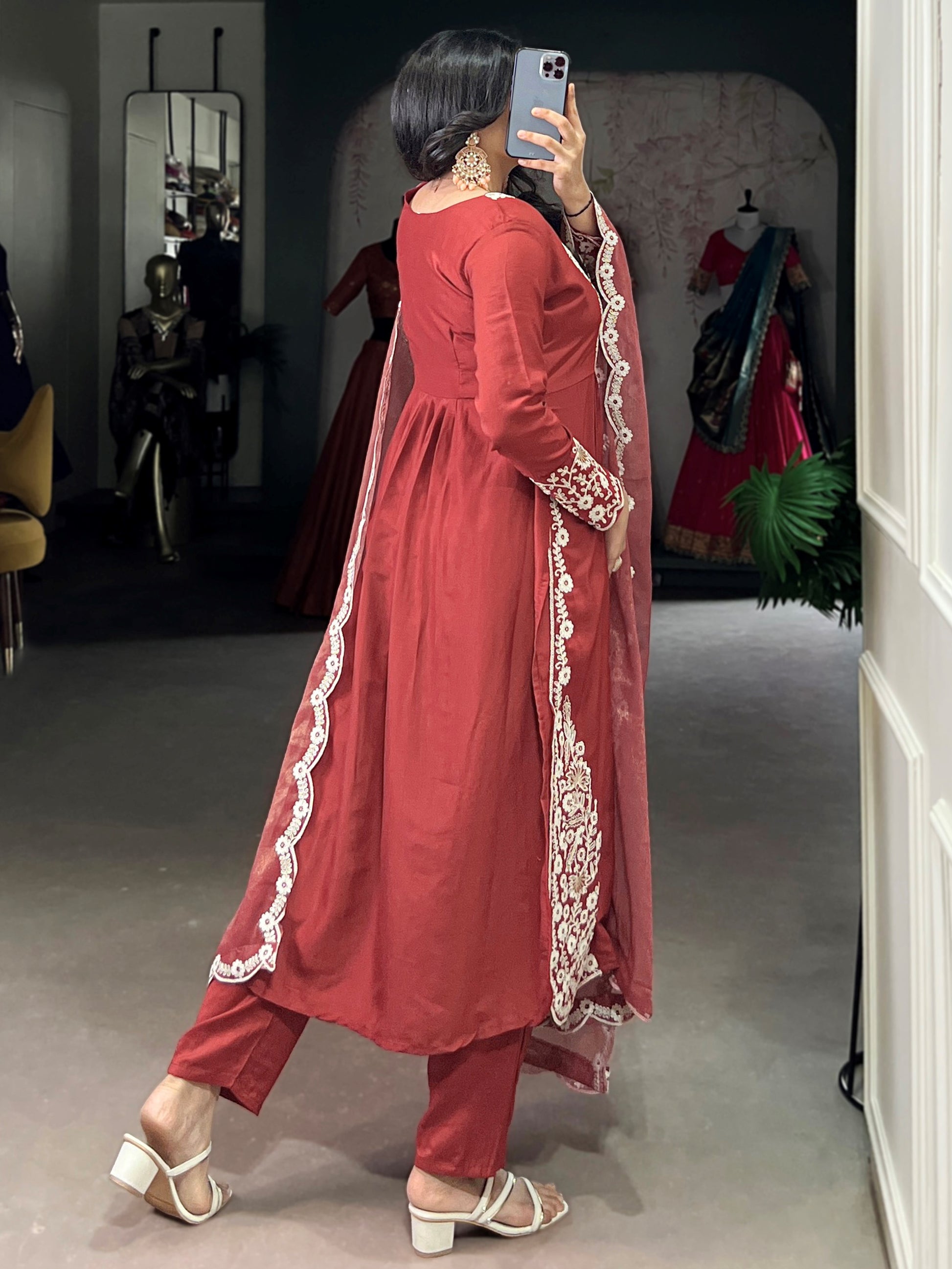 Alluring Orange Sequins Work Cotton Festive Wear Pant Suit With Dupatta