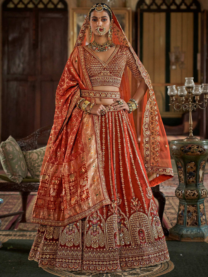 Alluring Orange Thread Embroidery Silk Bridal Lehenga Choli With Double Dupatta
