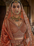 Alluring Orange Thread Embroidery Silk Bridal Lehenga Choli With Double Dupatta