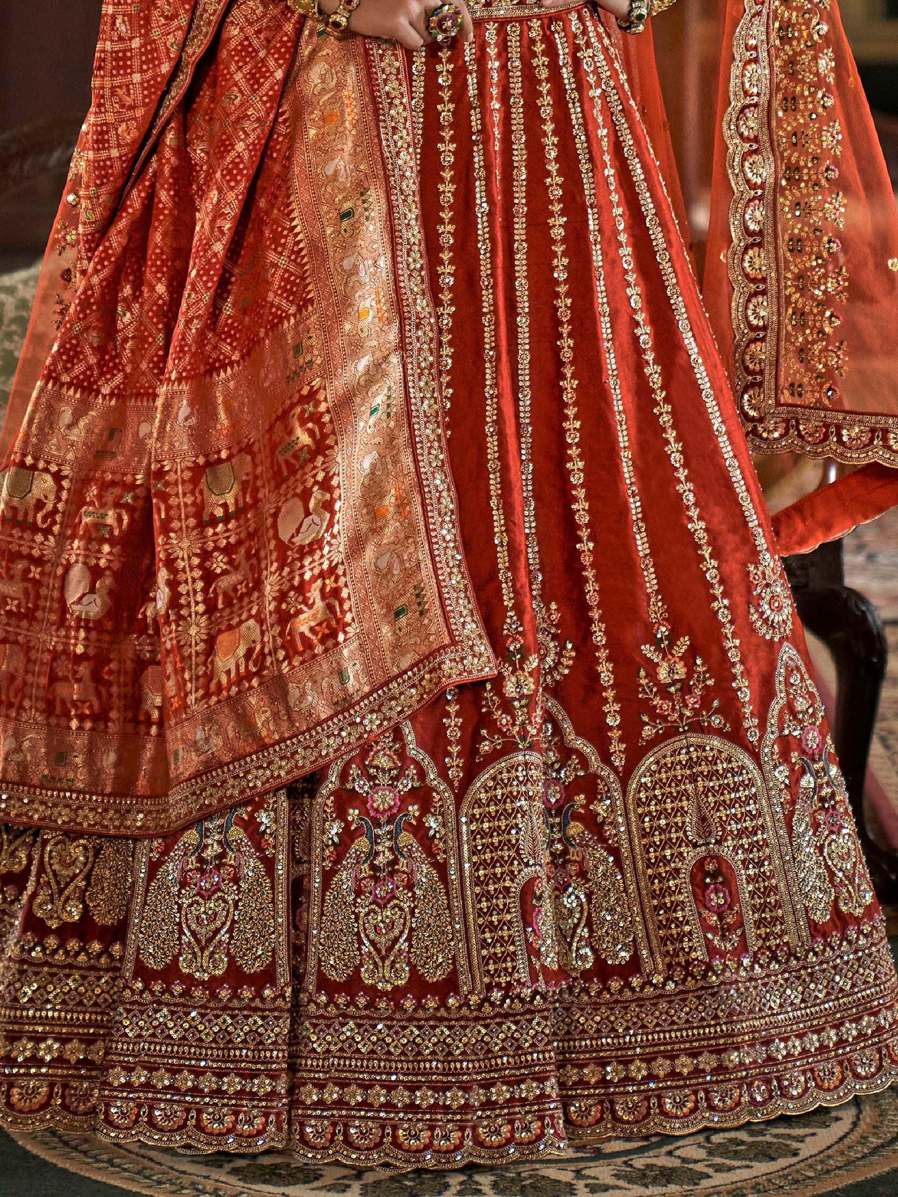 Alluring Orange Thread Embroidery Silk Bridal Lehenga Choli With Double Dupatta