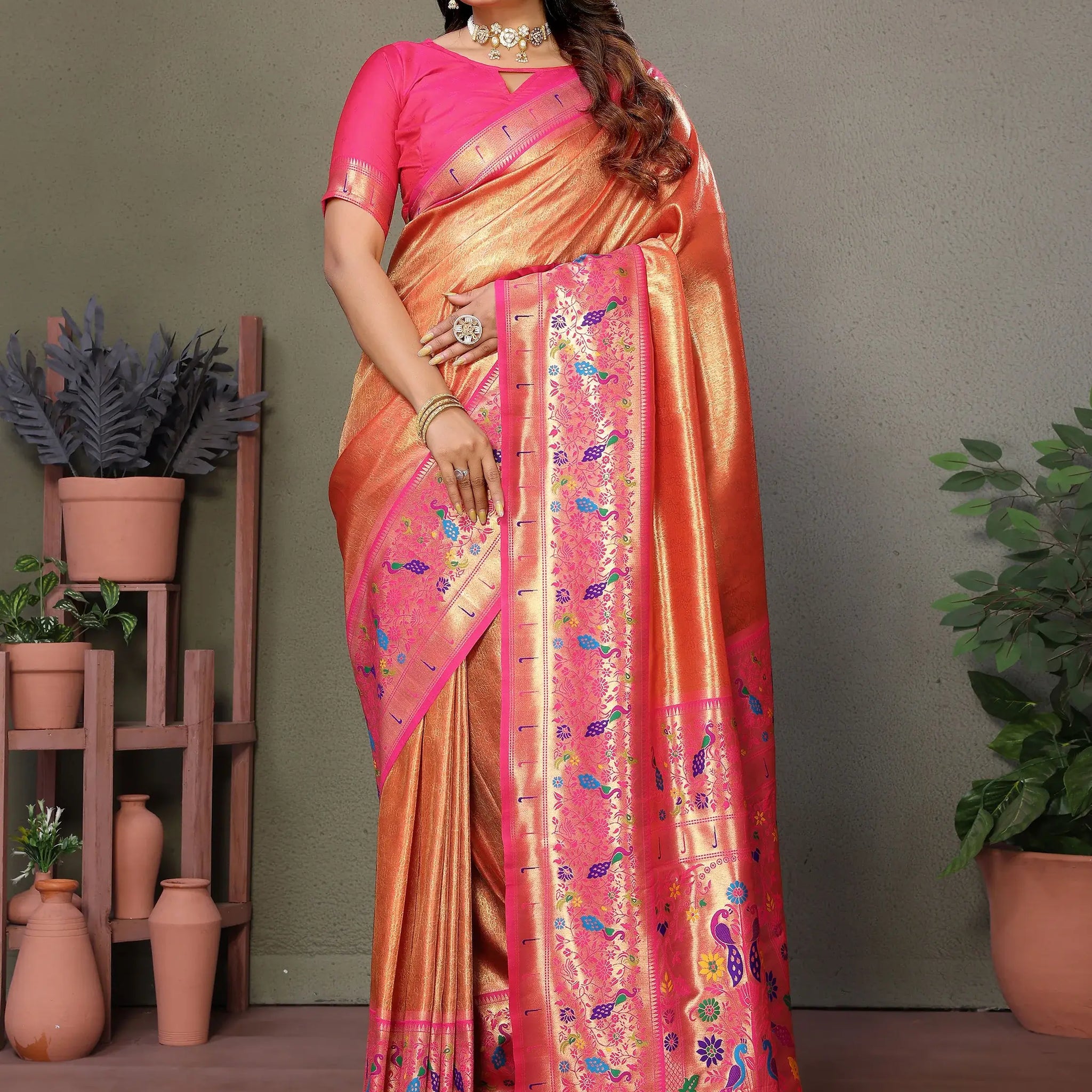 Alluring Orange Zari Weaving Banarasi Silk Paithani Saree With Blouse - Zeel Clothing