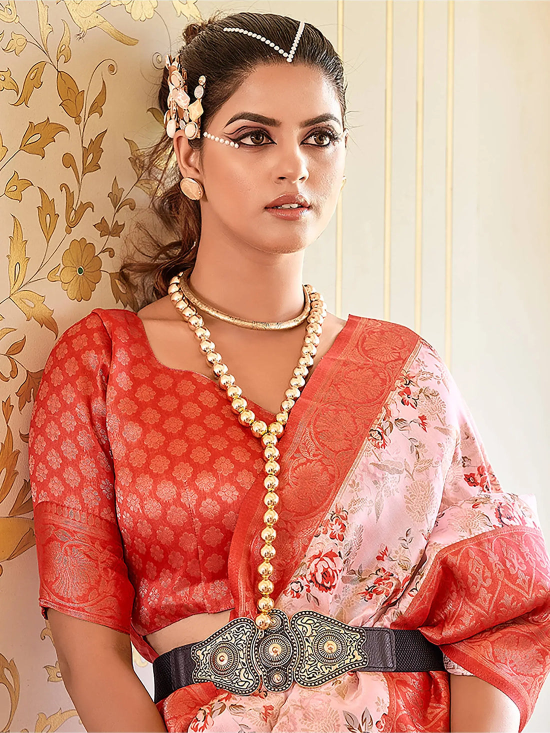 Alluring Peach Floral Print Softy Silk Traditional Saree With Blouse - Zeel Clothing