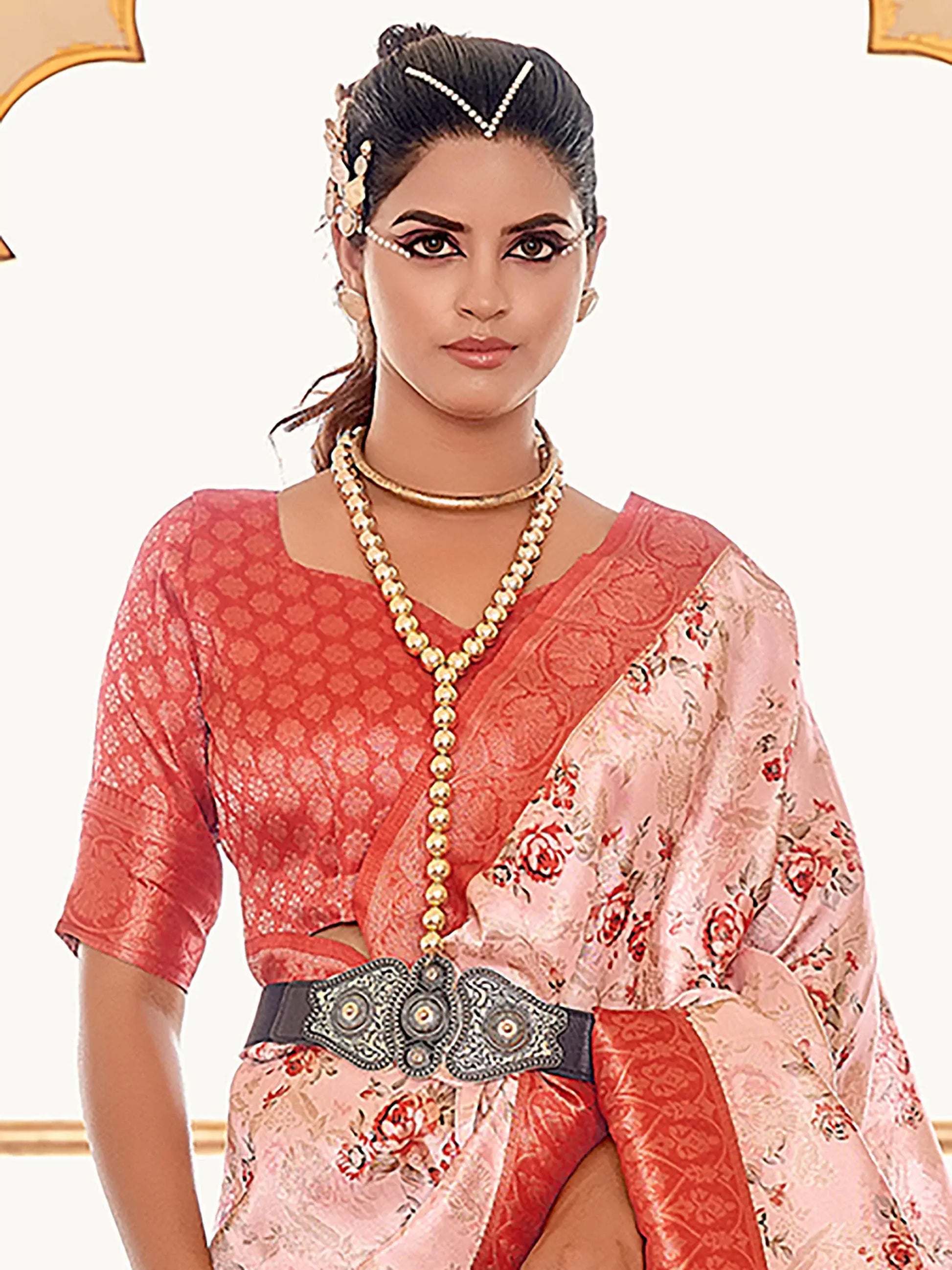 Alluring Peach Floral Print Softy Silk Traditional Saree With Blouse - Zeel Clothing