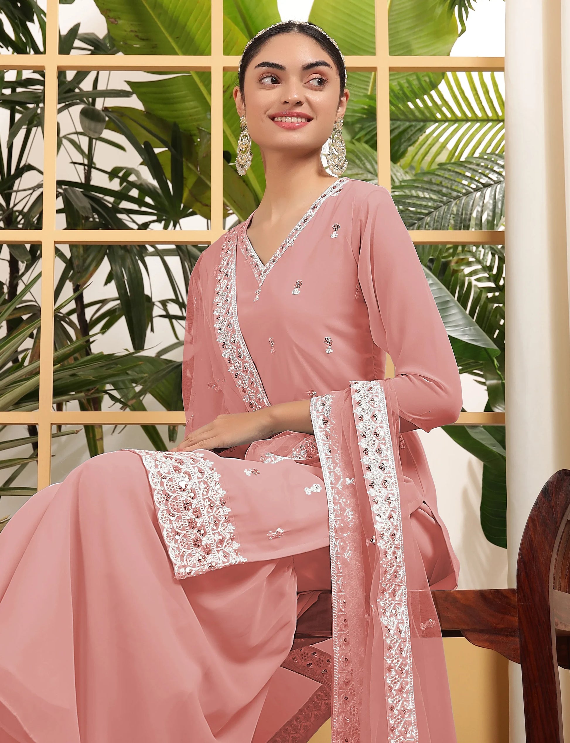 Alluring Peach Sequins Georgette Festive Wear Sharara Suit With Dupatta - Zeel Clothing