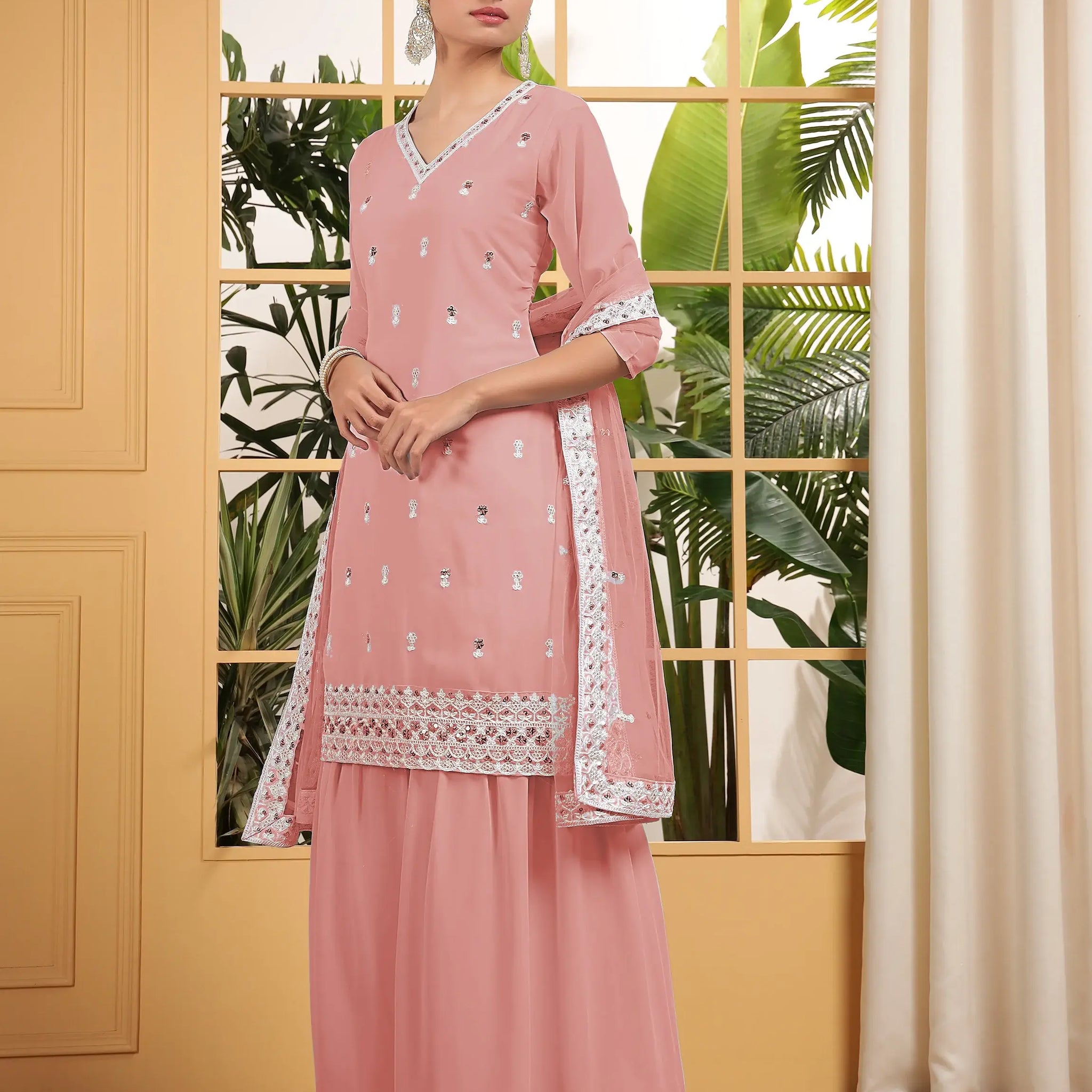 Alluring Peach Sequins Georgette Festive Wear Sharara Suit With Dupatta - Zeel Clothing