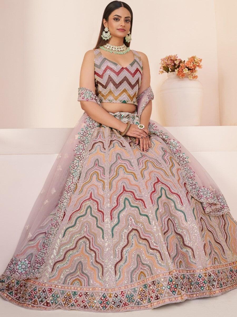 Alluring Peach Sequins Net Bridesmaid Wear Lehenga Choli