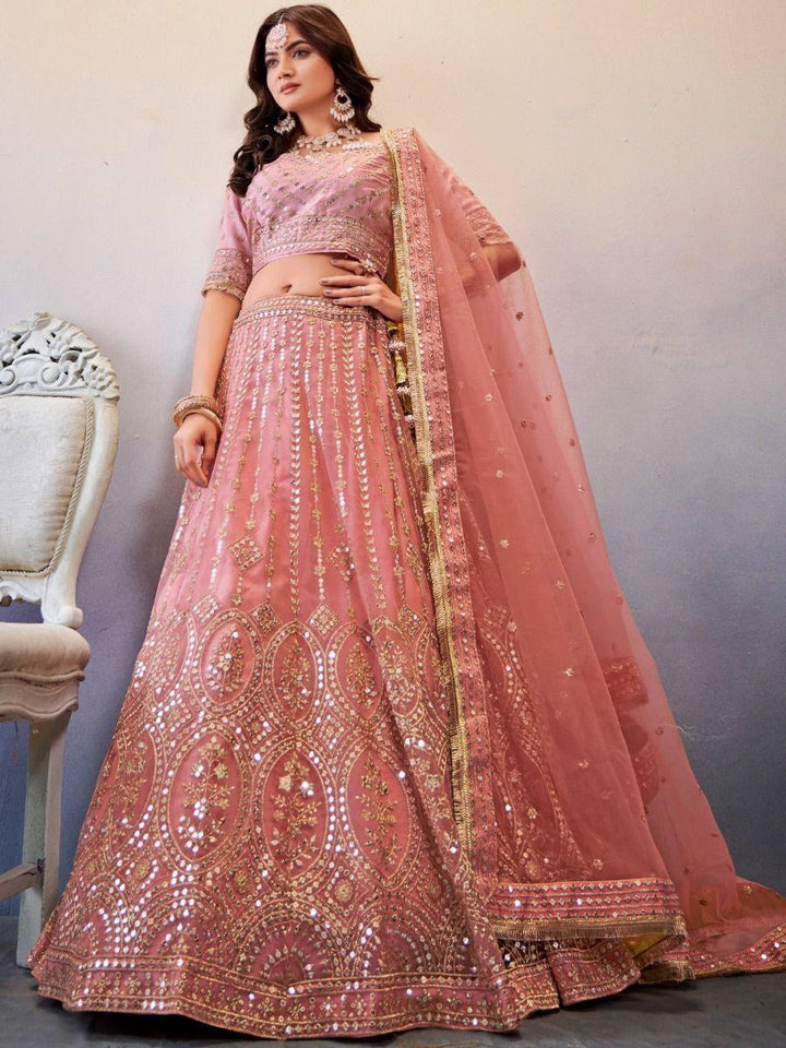 Alluring Peach Sequins Work Net Wedding Lehenga Choli