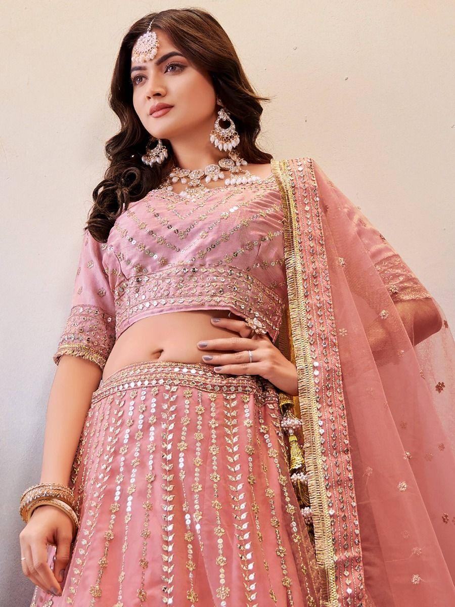 Alluring Peach Sequins Work Net Wedding Lehenga Choli