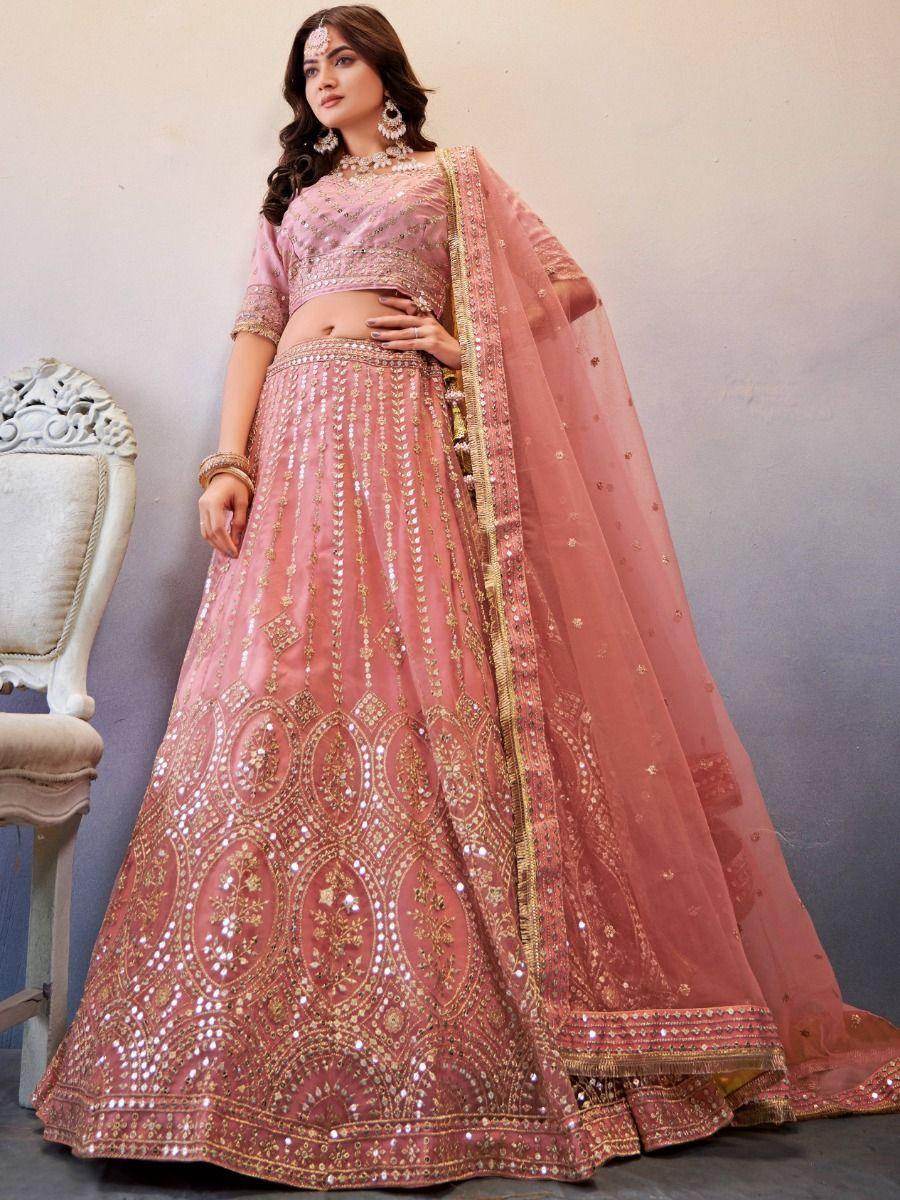 Alluring Peach Sequins Work Net Wedding Lehenga Choli - Zeel Clothing