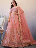 Alluring Peach Sequins Work Net Wedding Lehenga Choli - Zeel Clothing