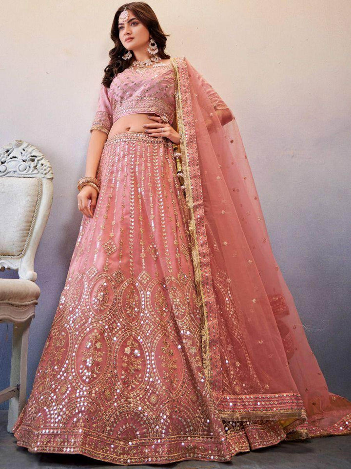 Alluring Peach Sequins Work Net Wedding Lehenga Choli - Zeel Clothing