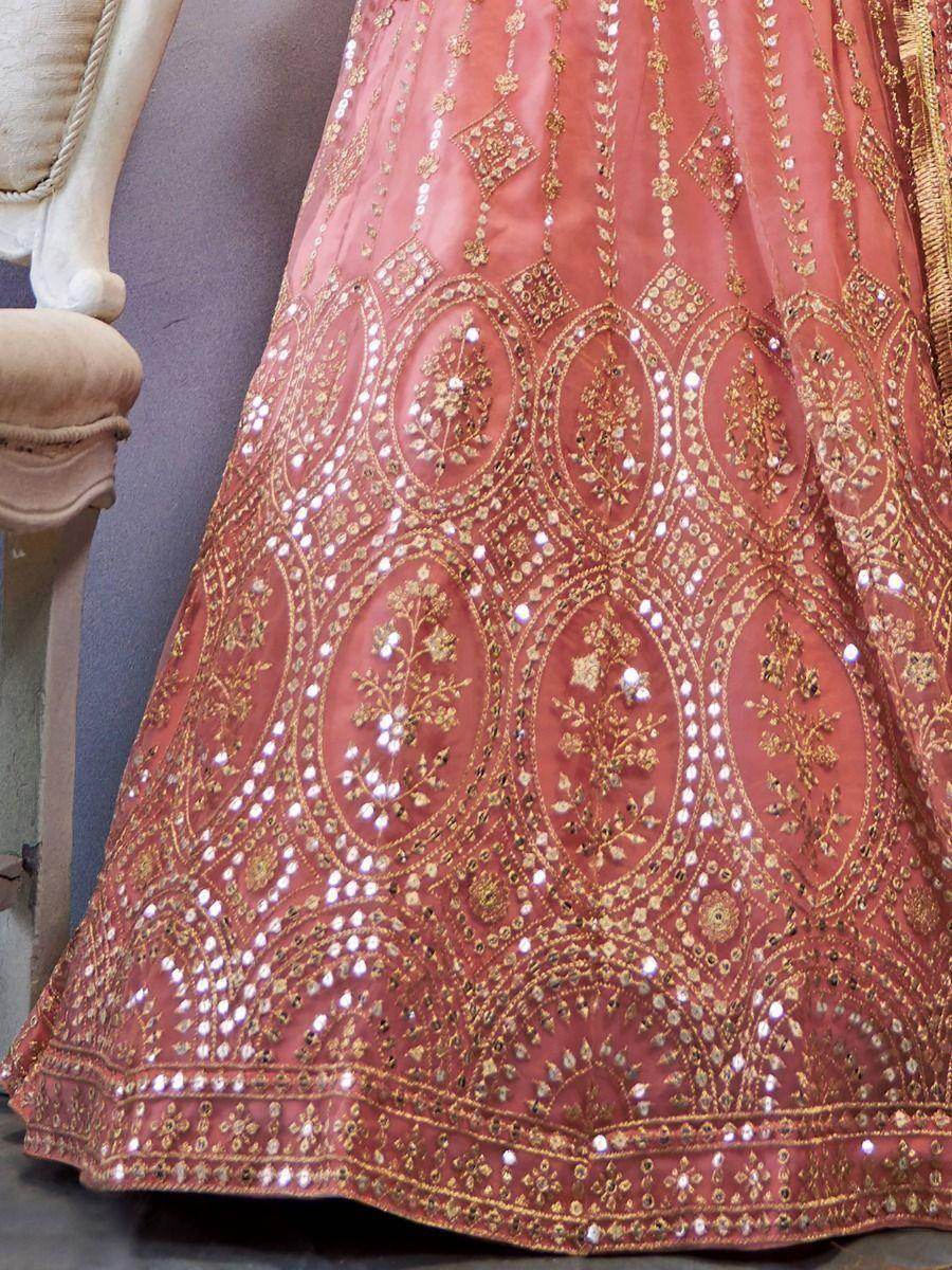 Alluring Peach Sequins Work Net Wedding Lehenga Choli - Zeel Clothing