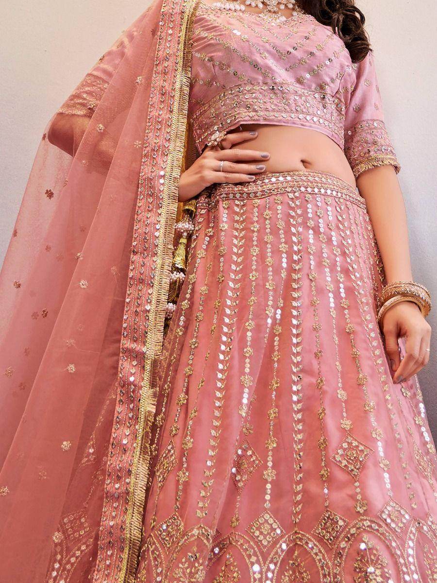 Alluring Peach Sequins Work Net Wedding Lehenga Choli - Zeel Clothing
