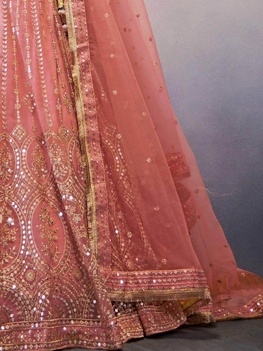 Alluring Peach Sequins Work Net Wedding Lehenga Choli - Zeel Clothing