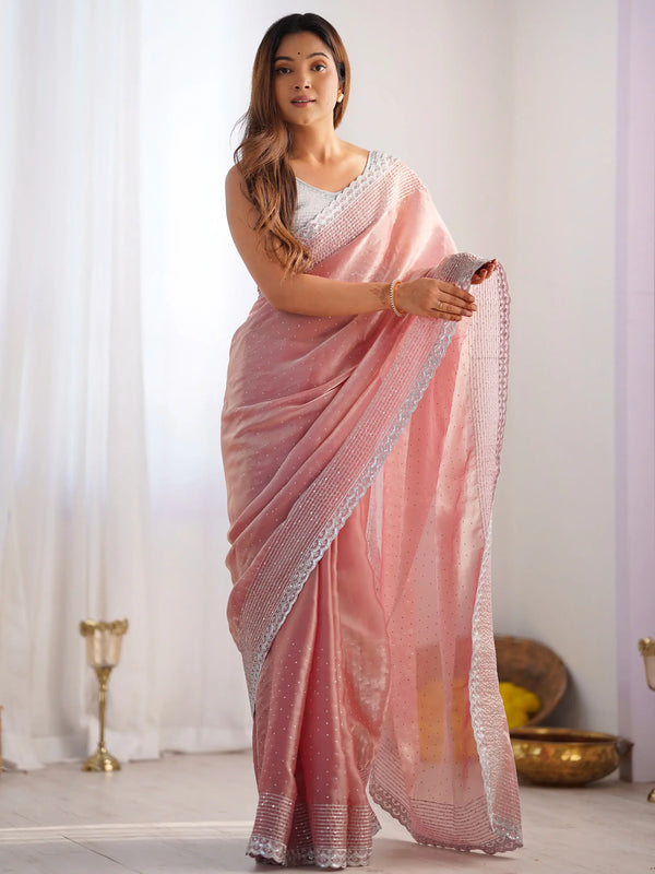 Alluring Peach Swarovski Work Organza Event Wear Saree With Blouse - Zeel Clothing
