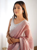 Alluring Peach Swarovski Work Organza Event Wear Saree With Blouse - Zeel Clothing