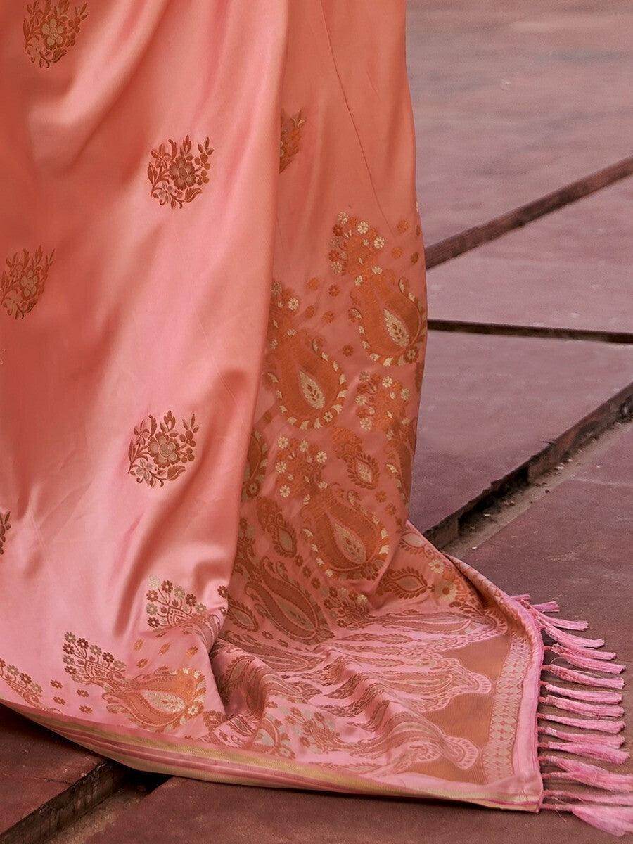 Alluring Peach Zari Weaving Satin Sangeet Wear Saree With Blouse - Zeel Clothing