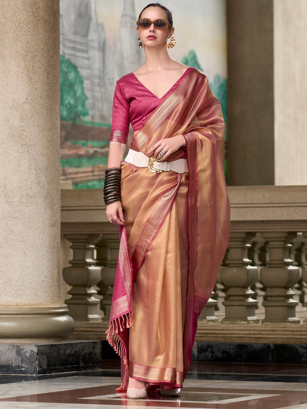 Alluring Peach Zari Weaving Silk Event Wear Saree With Blouse - Zeel Clothing