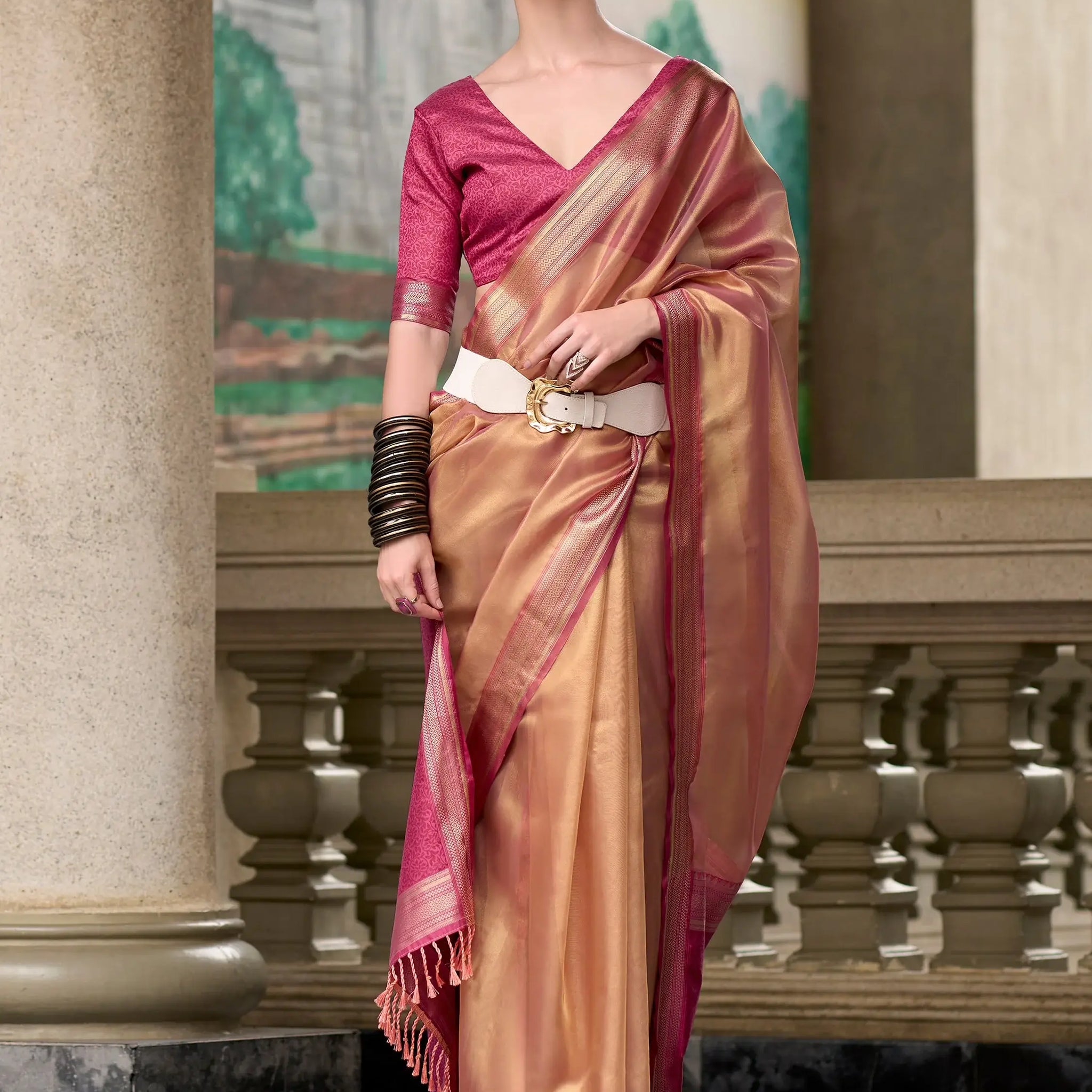 Alluring Peach Zari Weaving Silk Event Wear Saree With Blouse - Zeel Clothing