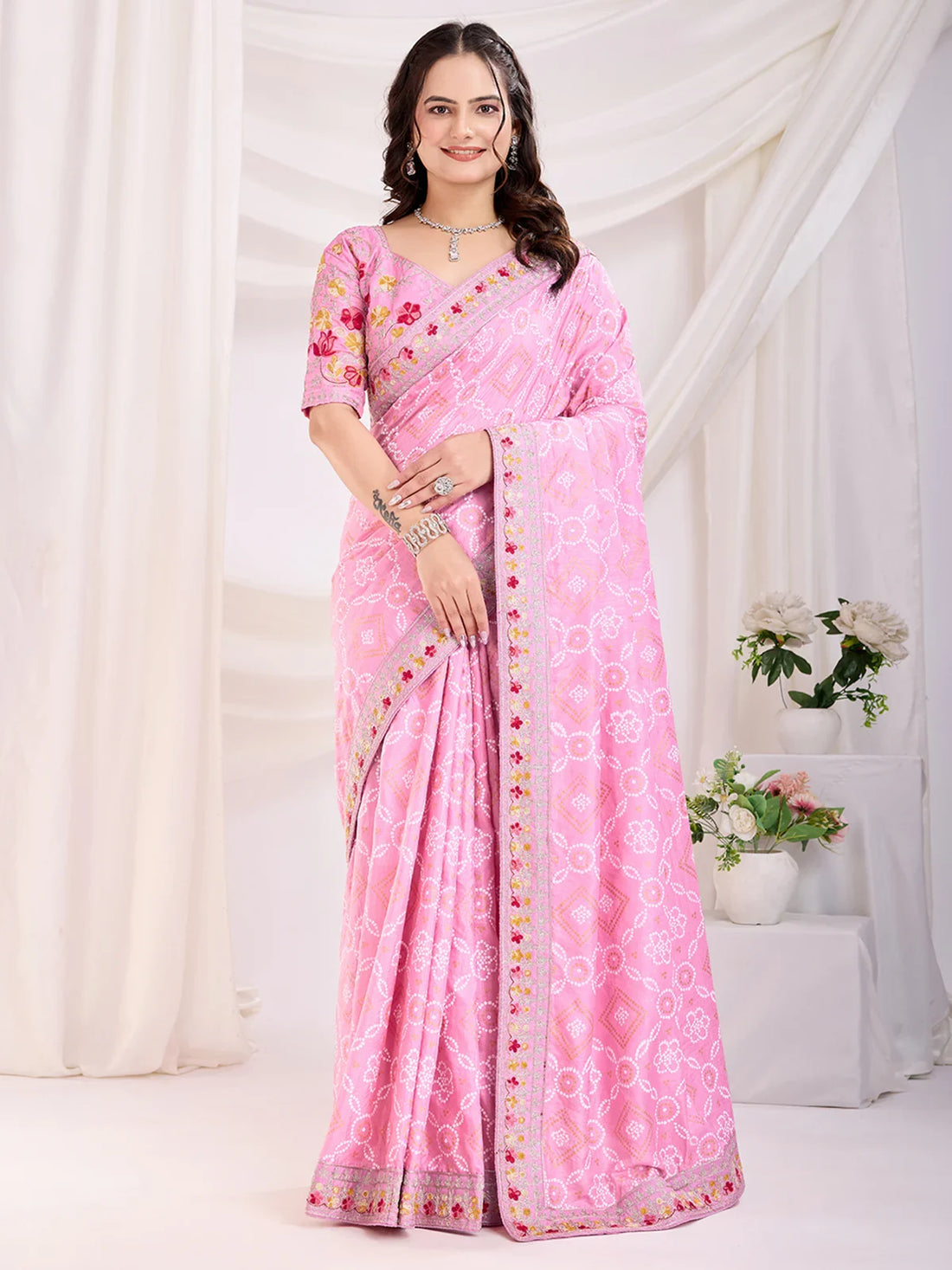 Alluring Pink Bandhani Printed Silk Bridal Saree - Zeel Clothing