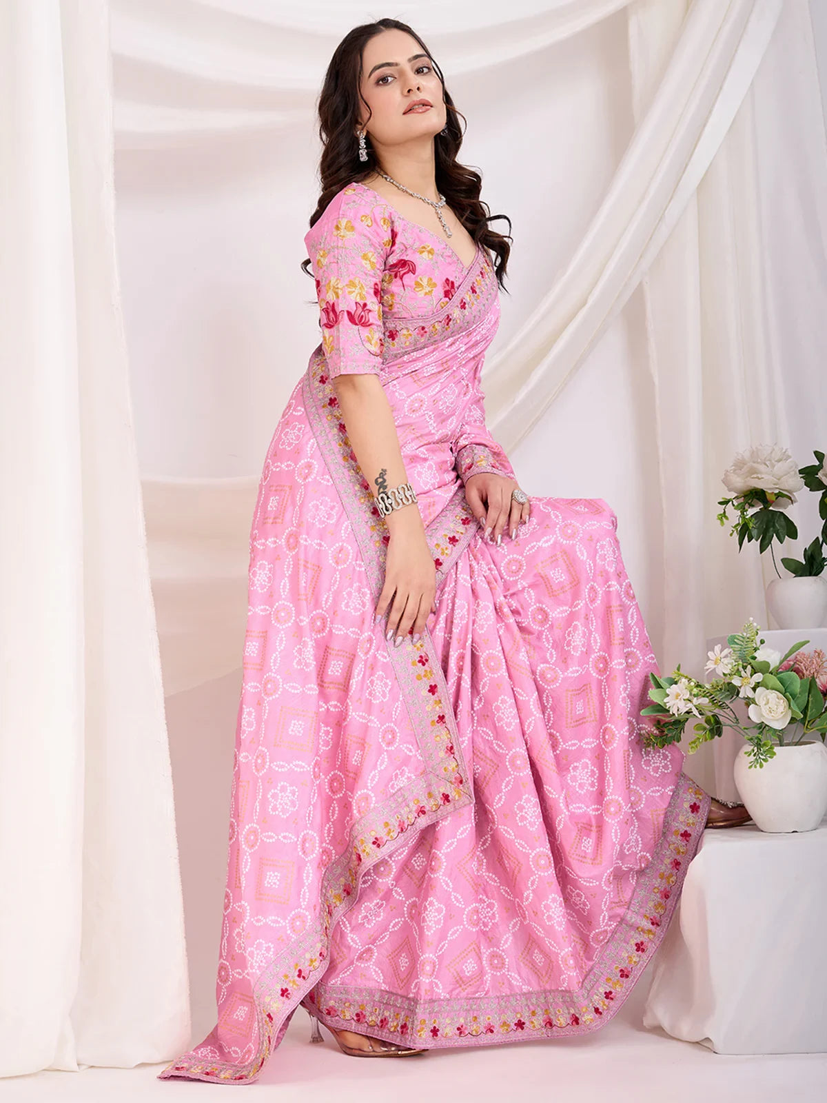 Alluring Pink Bandhani Printed Silk Bridal Saree - Zeel Clothing