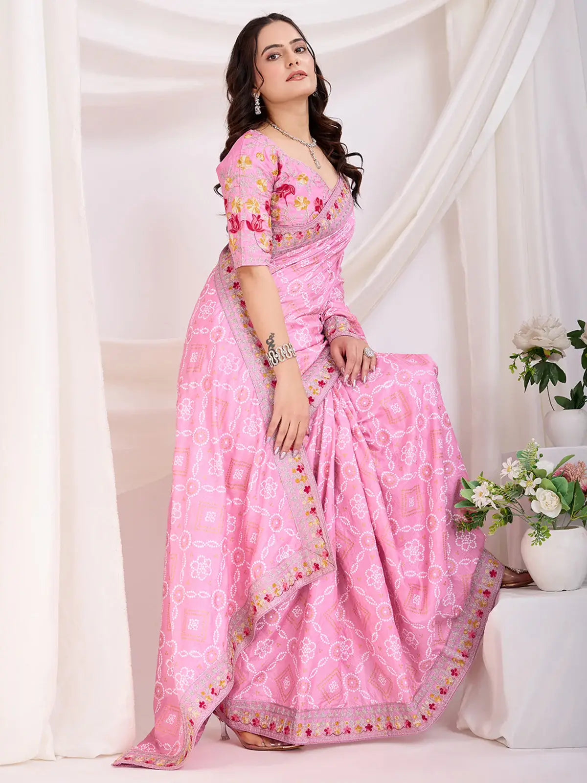 Alluring Pink Bandhani Printed Silk Bridal Saree - Zeel Clothing