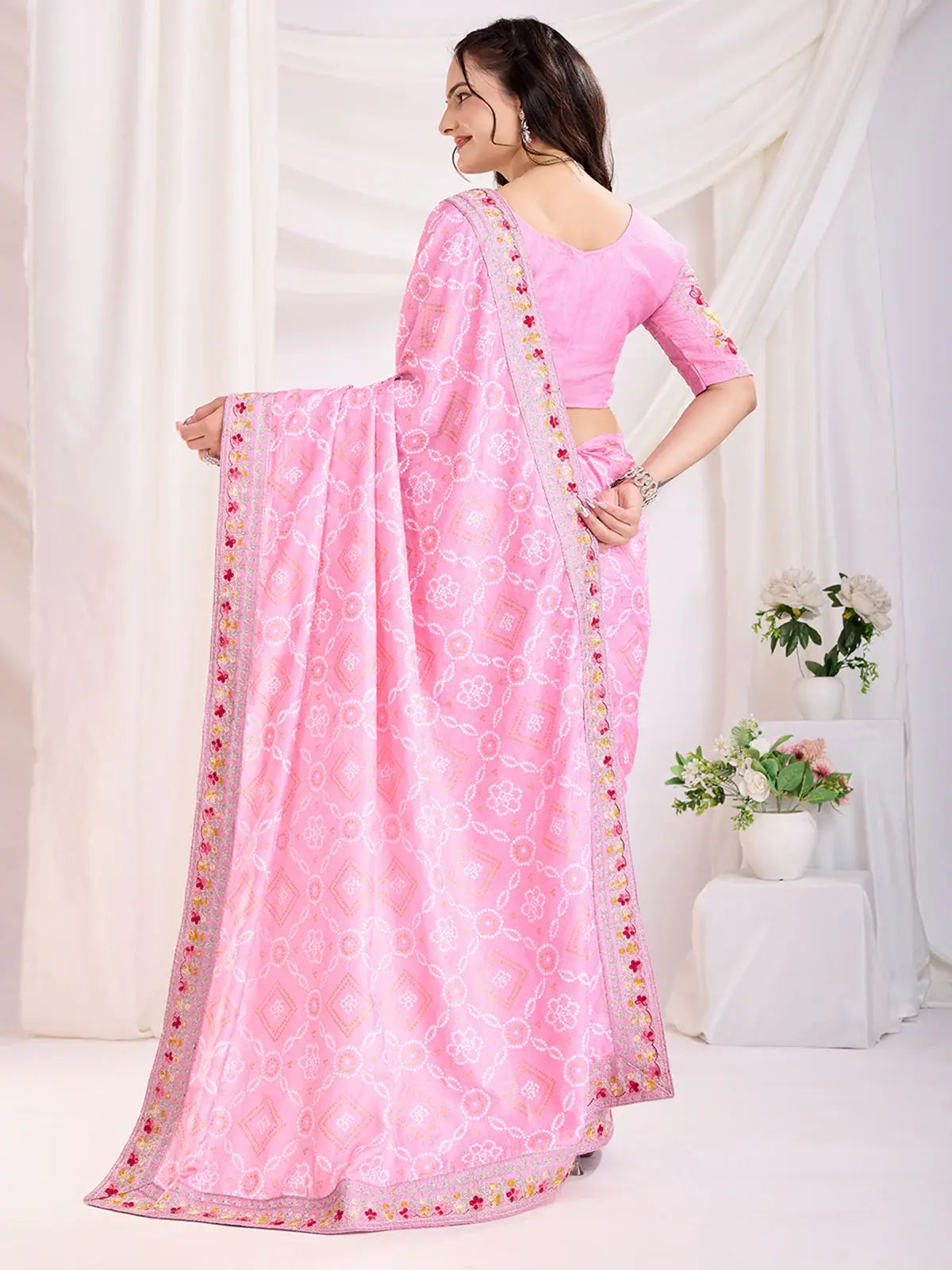 Alluring Pink Bandhani Printed Silk Bridal Saree - Zeel Clothing