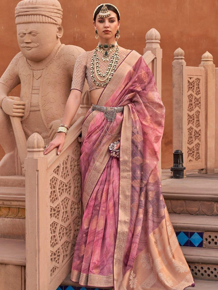 Alluring Pink Digital Printed Organza Festive Saree With Blouse