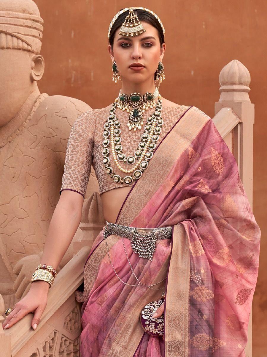 Alluring Pink Digital Printed Organza Festive Saree With Blouse