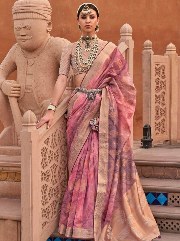 Alluring Pink Digital Printed Organza Festive Saree With Blouse - Zeel Clothing