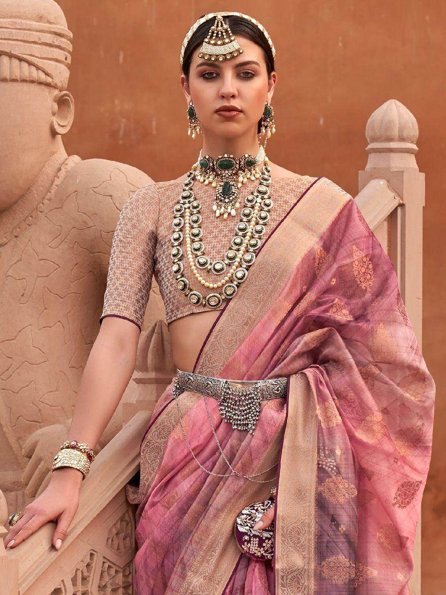 Alluring Pink Digital Printed Organza Festive Saree With Blouse - Zeel Clothing