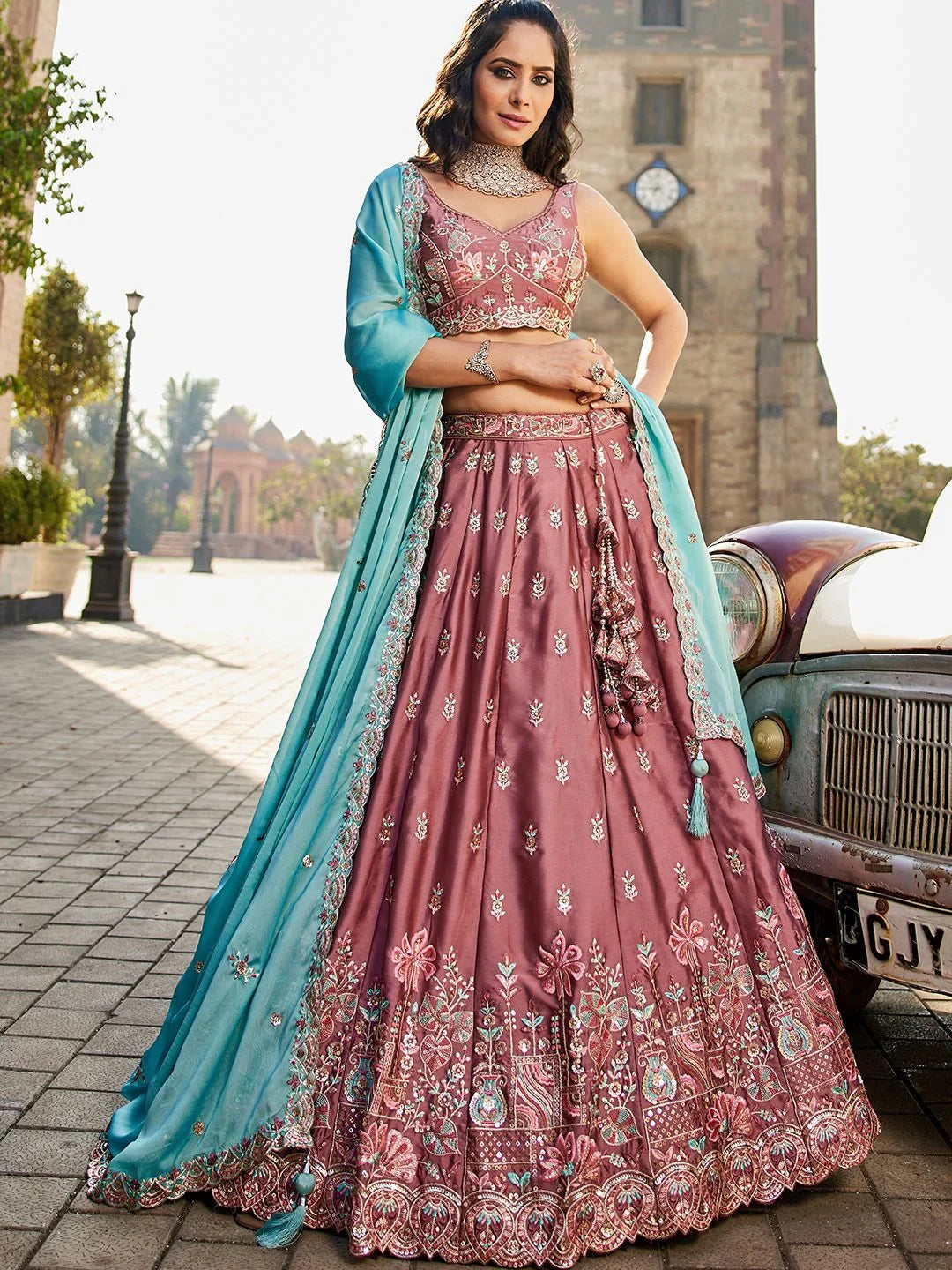 Alluring Pink Embroidered Georgette Engagement Wear Lehenga Choli - Zeel Clothing