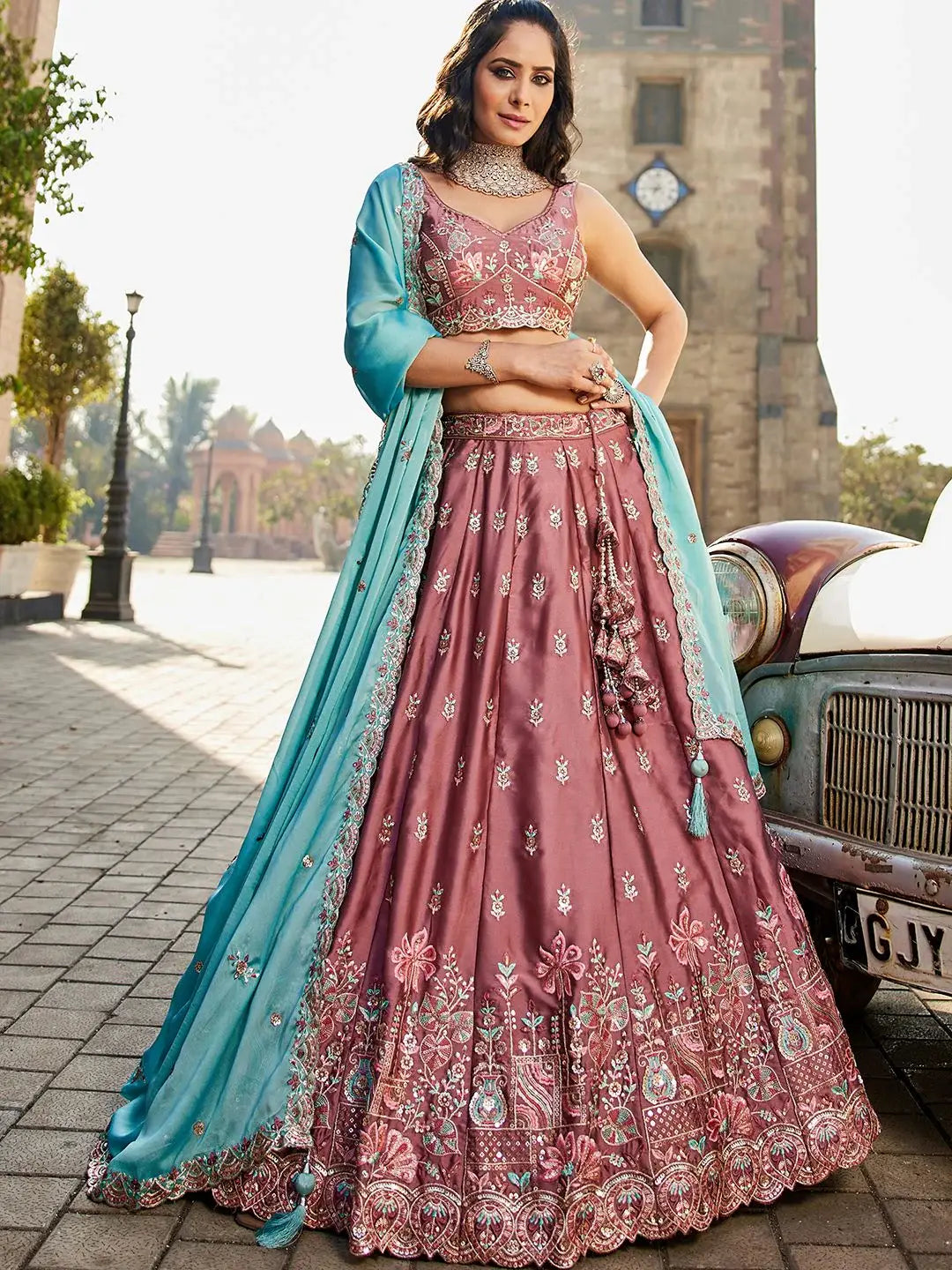 Alluring Pink Embroidered Georgette Engagement Wear Lehenga Choli - Zeel Clothing